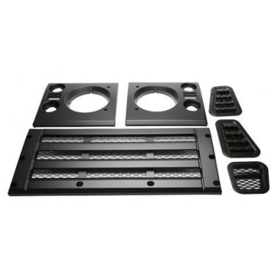 LRC6035 - Передня решітка Defender XS, окантовка фар, верхня частина крила та бічні вентиляційні отвори в чорному сатиновому кольорі Стандартна решітка - підходить для всіх Defender з 1994 року
